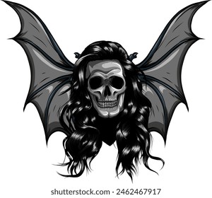 Calavera monocroma con alas de murciélago. Halloween truco o trato Ilustración vectorial dibujo a mano