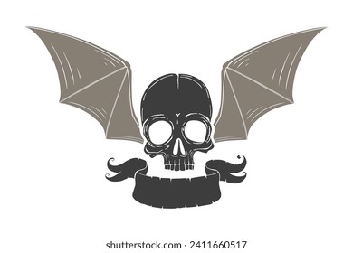 Monochrome Skull with Bat Wings. Vector illustration, tattoo sketch, emblem