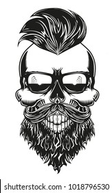 Monochrome skull with beard, mustache, pomadour and sunglasses vector