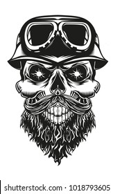 Monochrome skull with beard, mustache, and retro motocycle helmet with glasses vector