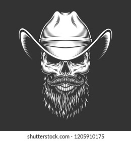 Monochrome skull in cowboy hat with beard and mustache in vintage style isolated vector illustration