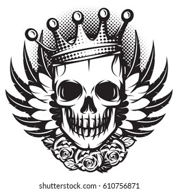 Monochrome skull with crown, wings and roses on white background.Vector illustration