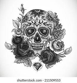 Monochrome Skull, diamond and Flowers Day of The Dead Vintage Card, Vector illustration