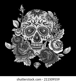 Monochrome Skull, diamond and Flowers Day of The Dead Vintage Card, Vector illustration