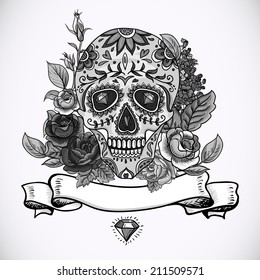 Monochrome Skull, diamond and Flowers Day of The Dead Vintage Card, Vector illustration