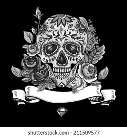 Monochrome Skull, diamond and Flowers Day of The Dead Vintage Card, Vector illustration