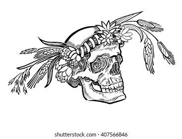 A monochrome skull with flower crown. Vector illustration.