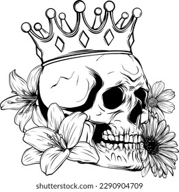 Monochrome Skull, Flowers Day of The Dead Vintage Card, Vector illustration