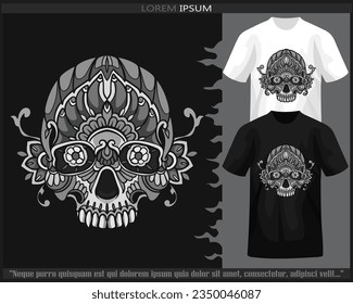 Monochrome Skull head mandala arts isolated on black and white t shirt.