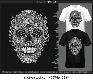 Monochrome Skull head mandala arts isolated on black and white t shirt.