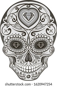 Monochrome skull illustration with white background