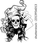monochrome skull with joker hat and casino game