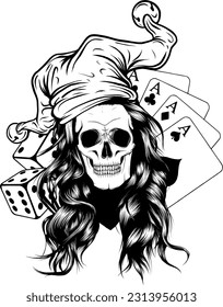 monochrome skull with joker hat and casino game