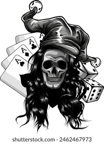 monochrome skull with joker hat and casino game