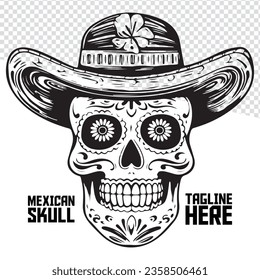 Monochrome skull, Mexican hat vector. Hand-drawn calavera. Logo, label, sign.
