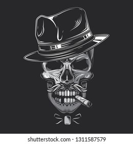 Monochrome skull with mustache, hat and cigar. Vector illustration in vintage style