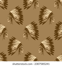 Patrón de cráneo monocromo con la dirección principal india en estilo de tracción manual para impresión y diseño. Vector clipart.