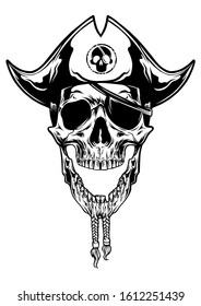 monochrome skull pirates wearing hat symbol logo. vector object illustration