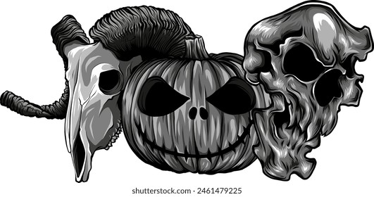 monochrome skull with pumpkin on white background