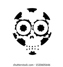 Monochrome skull. Symbol representative of Mexico's Day of the Dead celebration. Cultural festival of Mexico. Isolated skeleton on black black background.