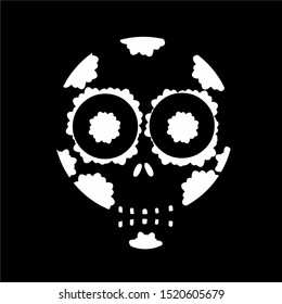 Monochrome skull. Symbol representative of Mexico's Day of the Dead celebration. Cultural festival of Mexico. Isolated skeleton on black black background.