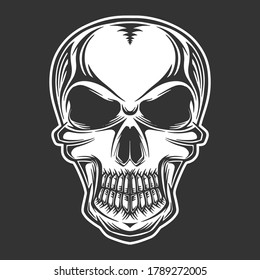 Monochrome skull vector image, retro style drawing. Isolated on black background.