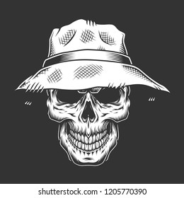 Monochrome skull wearing panama hat in vintage style isolated vector illustration