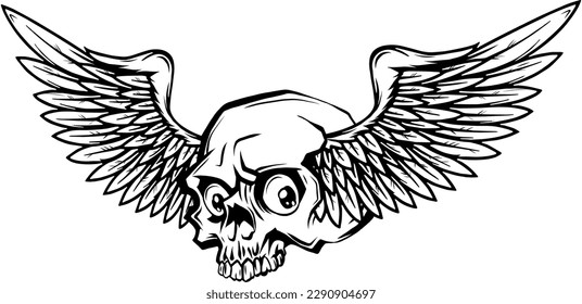 Monochrome skull with wings. Vector illustration, tattoo sketch, emblem.