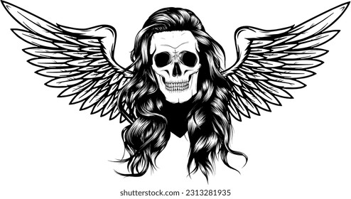 Monochrome skull with wings. Vector illustration, tattoo sketch, emblem.