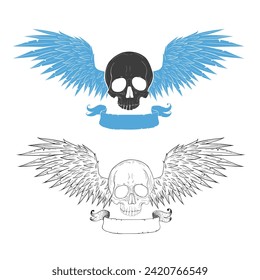 Monochrome Skull with wings. Vector illustration, tattoo sketch, emblem