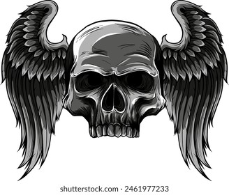 Monochrome skull with wings. Vector illustration, tattoo sketch, emblem.