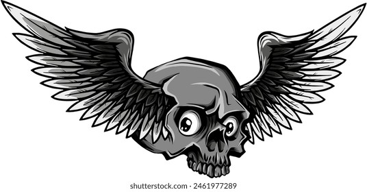 Monochrome skull with wings. Vector illustration, tattoo sketch, emblem.