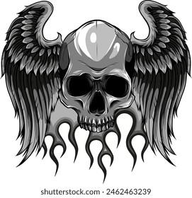 Monochrome skull with wings. Vector illustration, tattoo sketch, emblem.