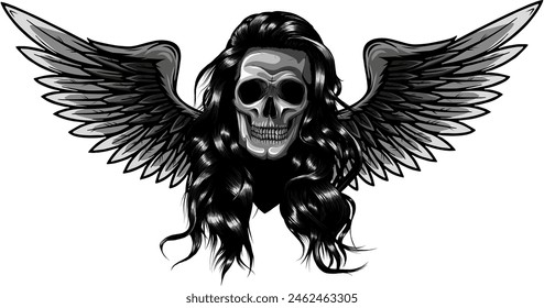 Monochrome skull with wings. Vector illustration, tattoo sketch, emblem.