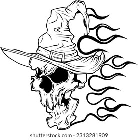 Monochrome skull with witch hat on flames vector illustration