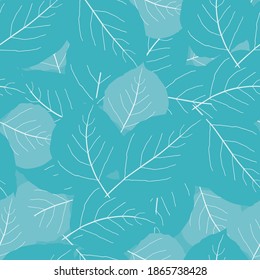 Monochrome sky blue aspen leaf seamless vector pattern background. Overlapping scattered hand drawn leaves textural abstract backdrop. Botanical foliage for spring, summer, vacation, beach concept