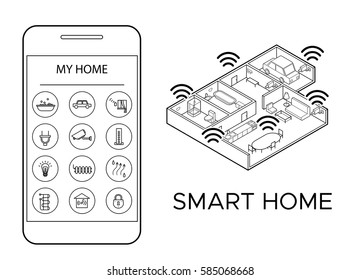 Monochrome smart home concept with remote mobile control of lightning video surveillance heating security systems vector illustration