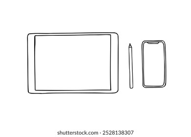 smartphone e tablet monocromáticos com tela sensível ao toque, esboço vetorial de caneta pintado com tintas pretas. Desenho gravado de dispositivos eletrônicos com mostrador vazio em branco. Elementos móveis para anúncios, lojas.