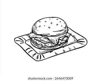 Monochrome smash burger served on rectangle paper plate vector illustration painted by black inks. BBQ sandwich with sesame seeds for for food menus, packaging, family weekend concept.