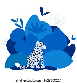 monochrome snow leopard vector illustration in blue leaves 