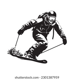 monochrome snow skier, simple vector, silhouette, white background