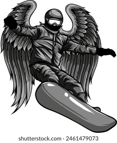 Monochrome Snowboarder with wing jumping on white background