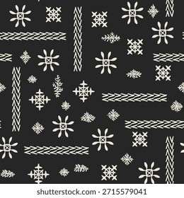 Padrão de floco de neve monocromático com motivos geométricos de inverno no fundo preto