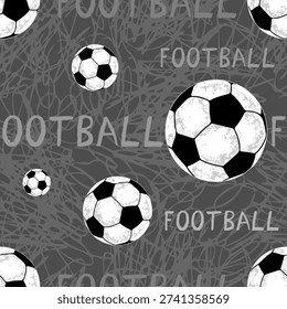 Monochrome soccer ball typography pattern in neo-grunge style with gray textured palette for sports apparel and textile fabric print