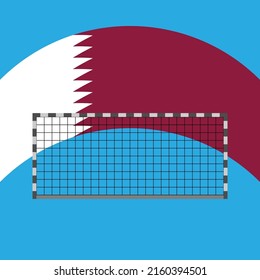 Monochrome soccer gate on curved Qatar flag background. Football goal front view. Template for sport, competition, championship and football. Sports layout for match or game results presentation.