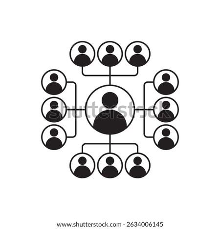 Monochrome social network icon showing connected people in a circular web structure with central hub and surrounding nodes, ideal for communication, community, teamwork, and digital network concepts