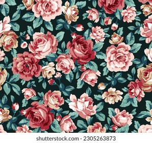 monochrome a solid abstract big roses and small flower with tosca leaves tone color, all over vector design with dark solid background illustration digital image for textile or wrapping paper print