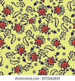 monochrome a solid abstract blooming flower arrangement motif with stalk leaves, all over vector design with solid background illustration digital image for textile printing factory