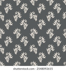 monochrome a solid abstract blooming flower arrangement motif with stalk leaves, all over vector design with solid background illustration digital image for textile printing factory