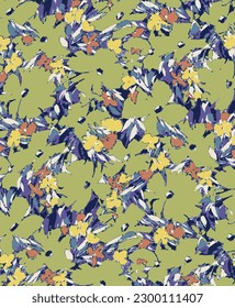 monochrome a solid abstract green hibiscus and small flower with multicolor leaves pattern, full all over vector design illustration digital image for textile or wrapping paper print